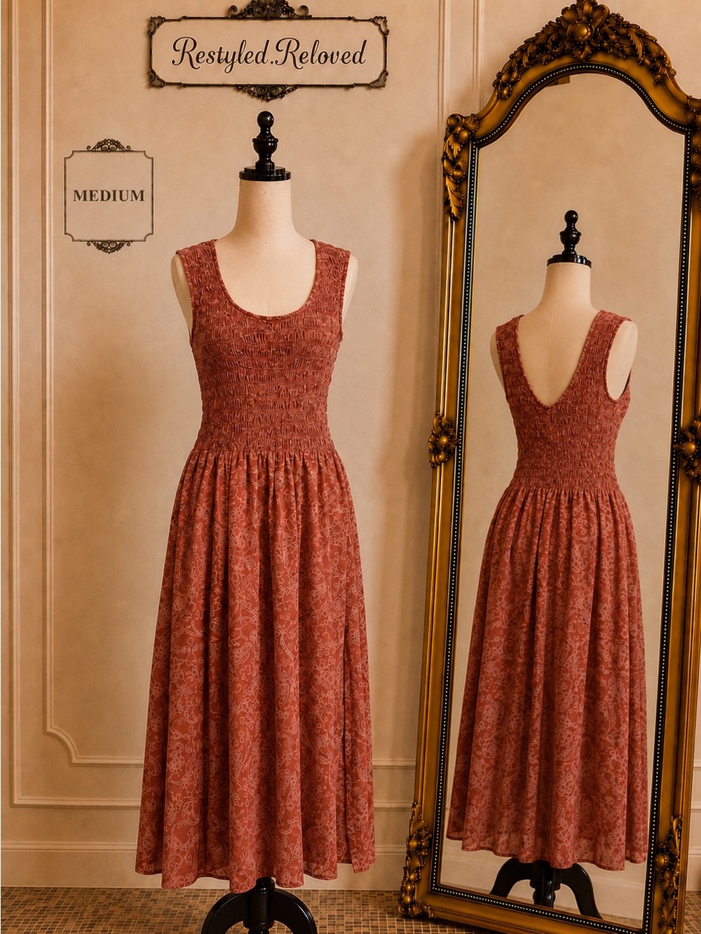 Universal Thread Smocked Midi Dress – Rust Floral Print – Size Medium – NWT